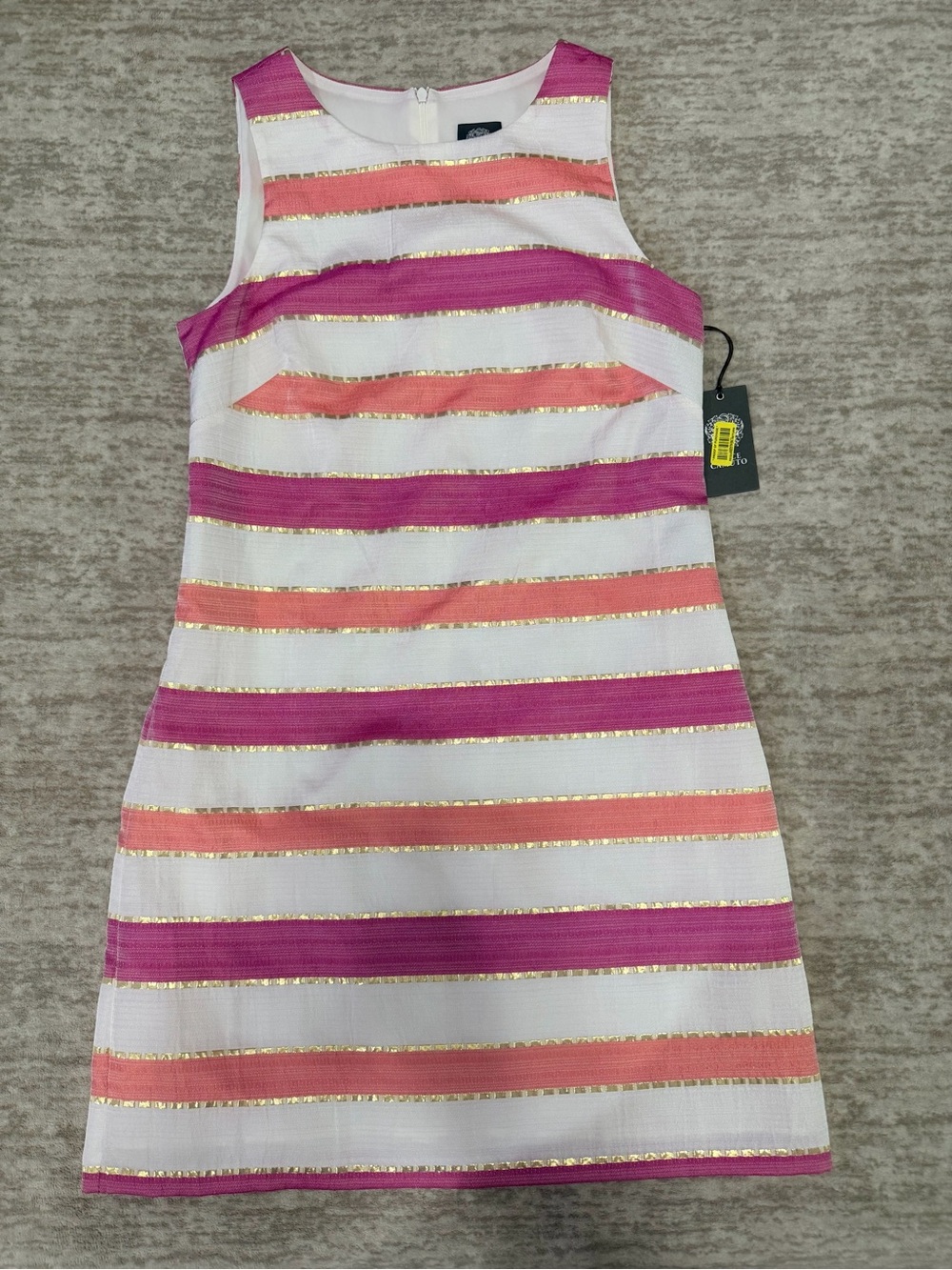 NWT Vince Camuto Pink Coral Gold Striped Jacquard Shift Dress Size 8
